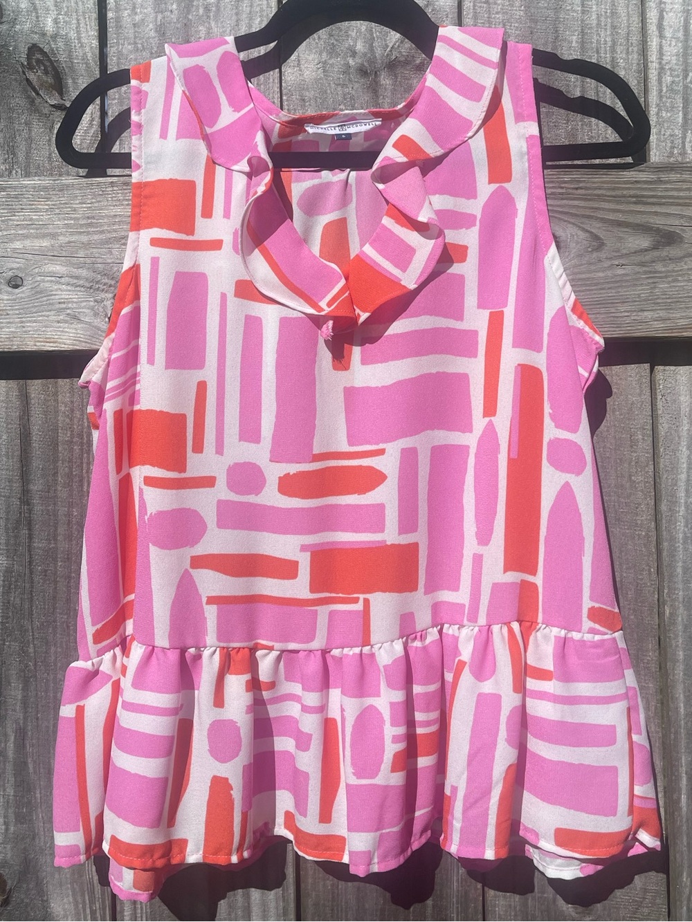Michelle McDowell Sleeveless Pink & Coral Geometric Ruffle-Hem Blouse Sz S